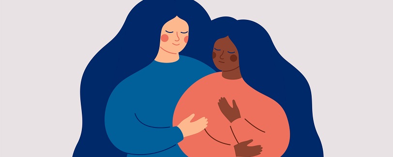 illustration of a white woman and black woman embracing 