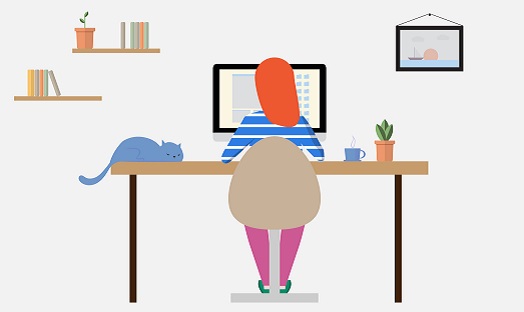 illustration of woman sat at desk, working from home on a laptop with her back to us, a cat is sat at her desk 